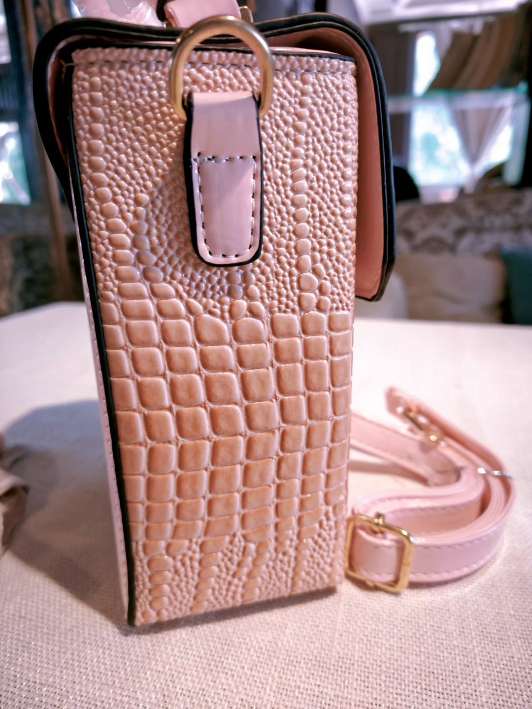 Pink Crocodile-Embossed Structured Boxy Bag with Decorative Lock and Scarf