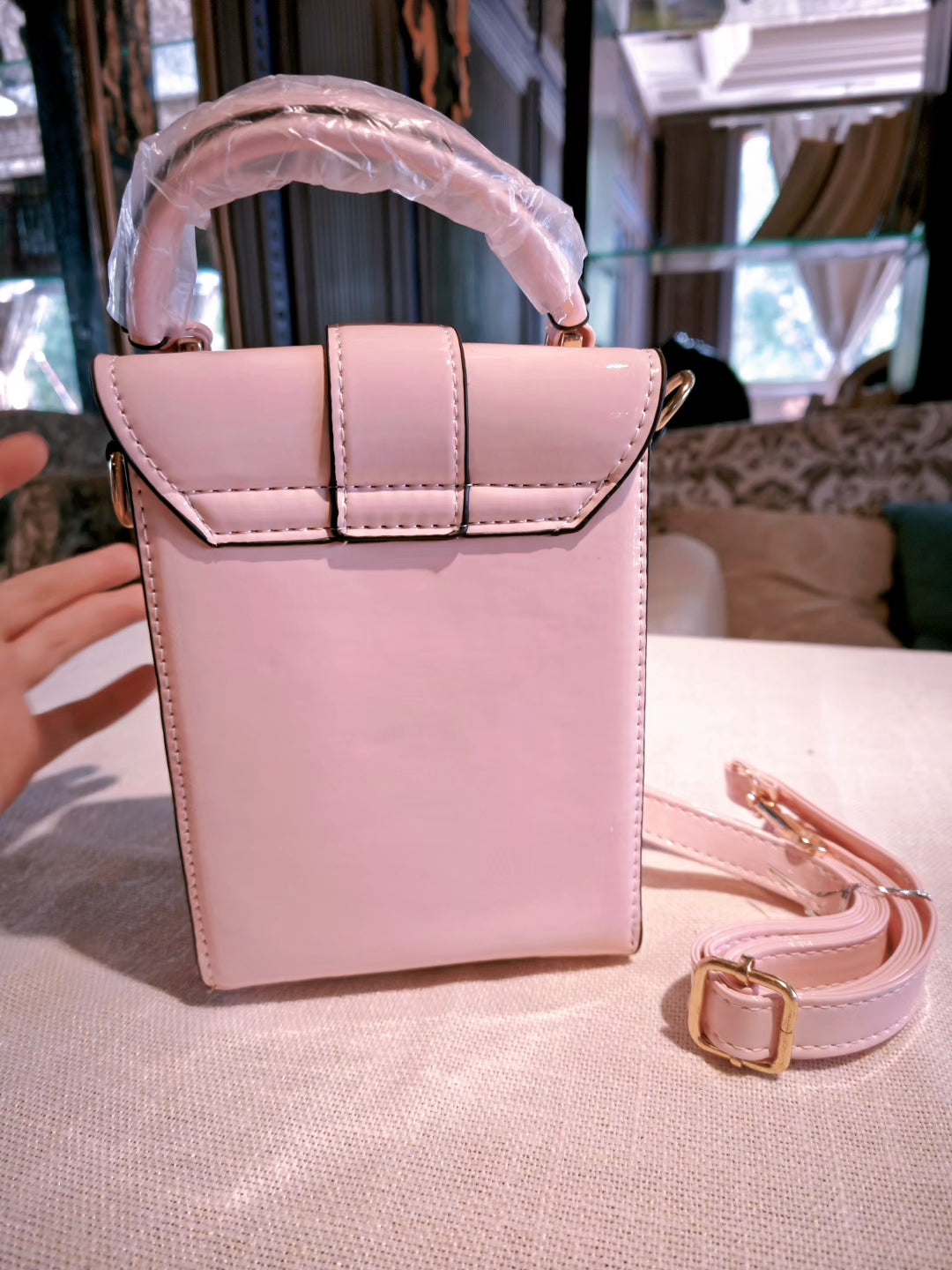 Pink Crocodile-Embossed Structured Boxy Bag with Decorative Lock and Scarf