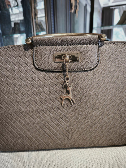 Taupe Textured Top-Handle Boston Bag with Golden Deer Charm and Detachable Strap