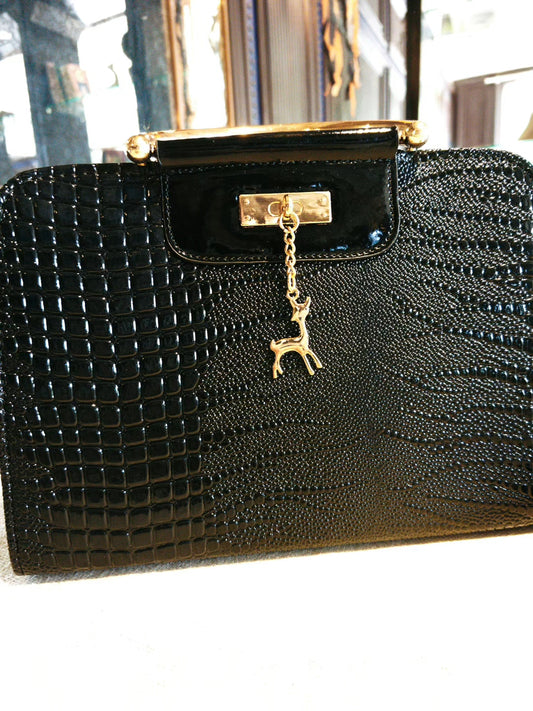 Black Crocodile-Embossed Top-Handle Boston Bag with Golden Deer Charm and Detachable Strap