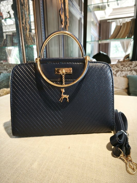 Navy Blue Textured Top-Handle Boston Bag with Golden Deer Charm and Detachable Strap