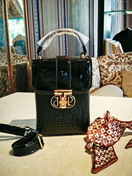 Black Crocodile-Embossed Structured Crossbody Bag with Decorative Lock