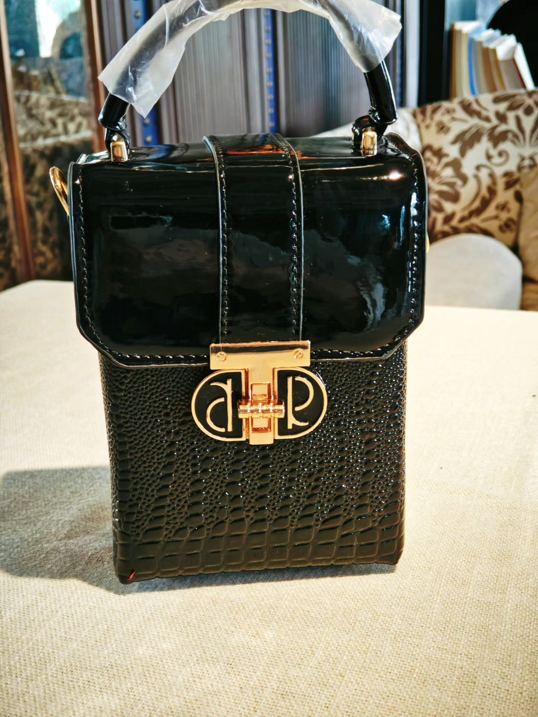 Black Crocodile-Embossed Structured Crossbody Bag with Decorative Lock