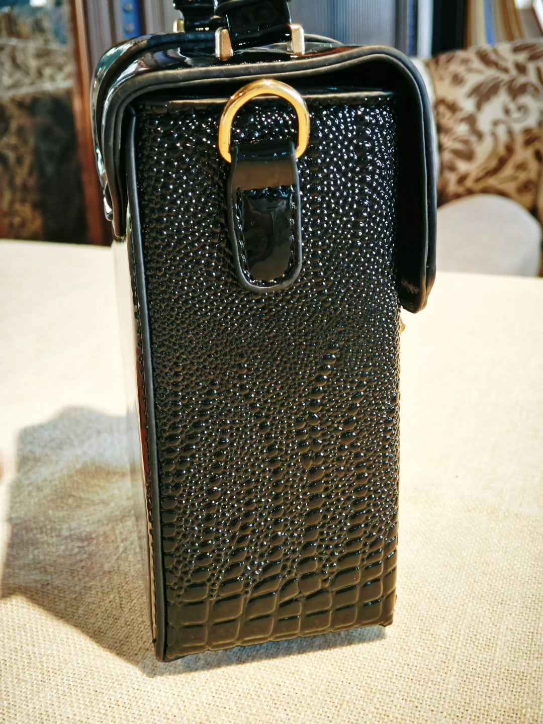 Black Crocodile-Embossed Structured Crossbody Bag with Decorative Lock