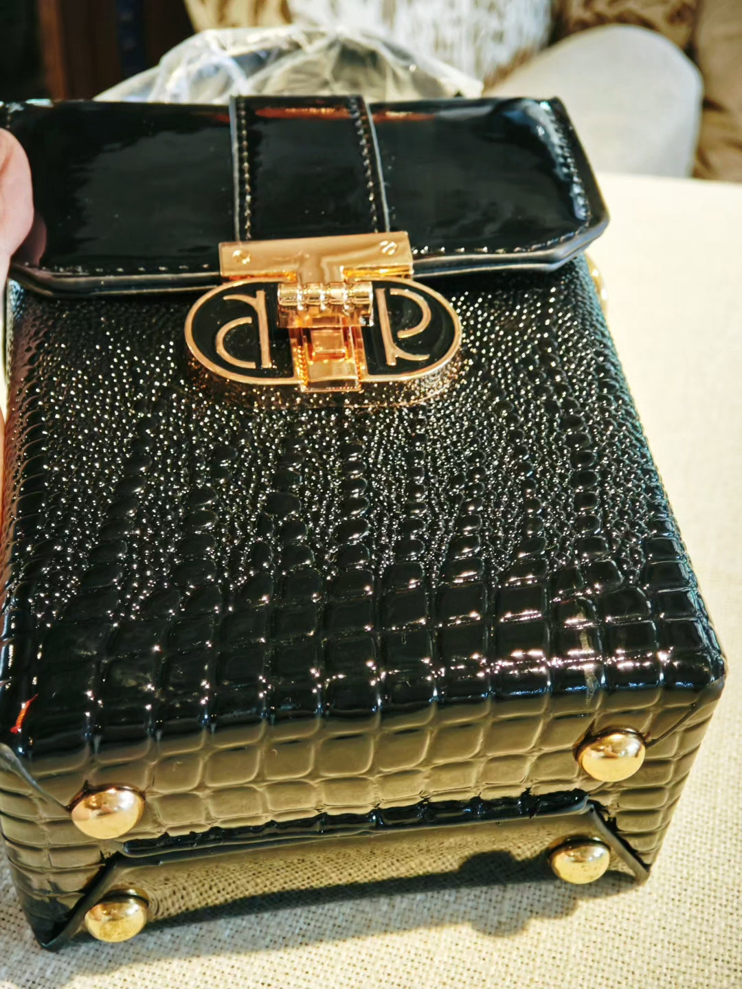 Black Crocodile-Embossed Structured Crossbody Bag with Decorative Lock