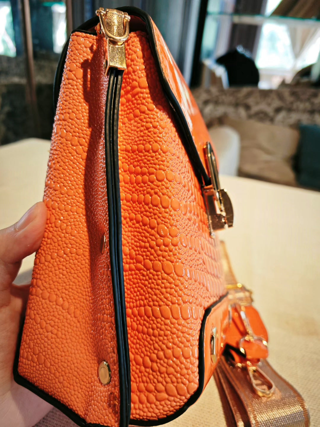 Orange Crocodile-Embossed Structured Mobile Phone Bag with Decorative Lock and Studs