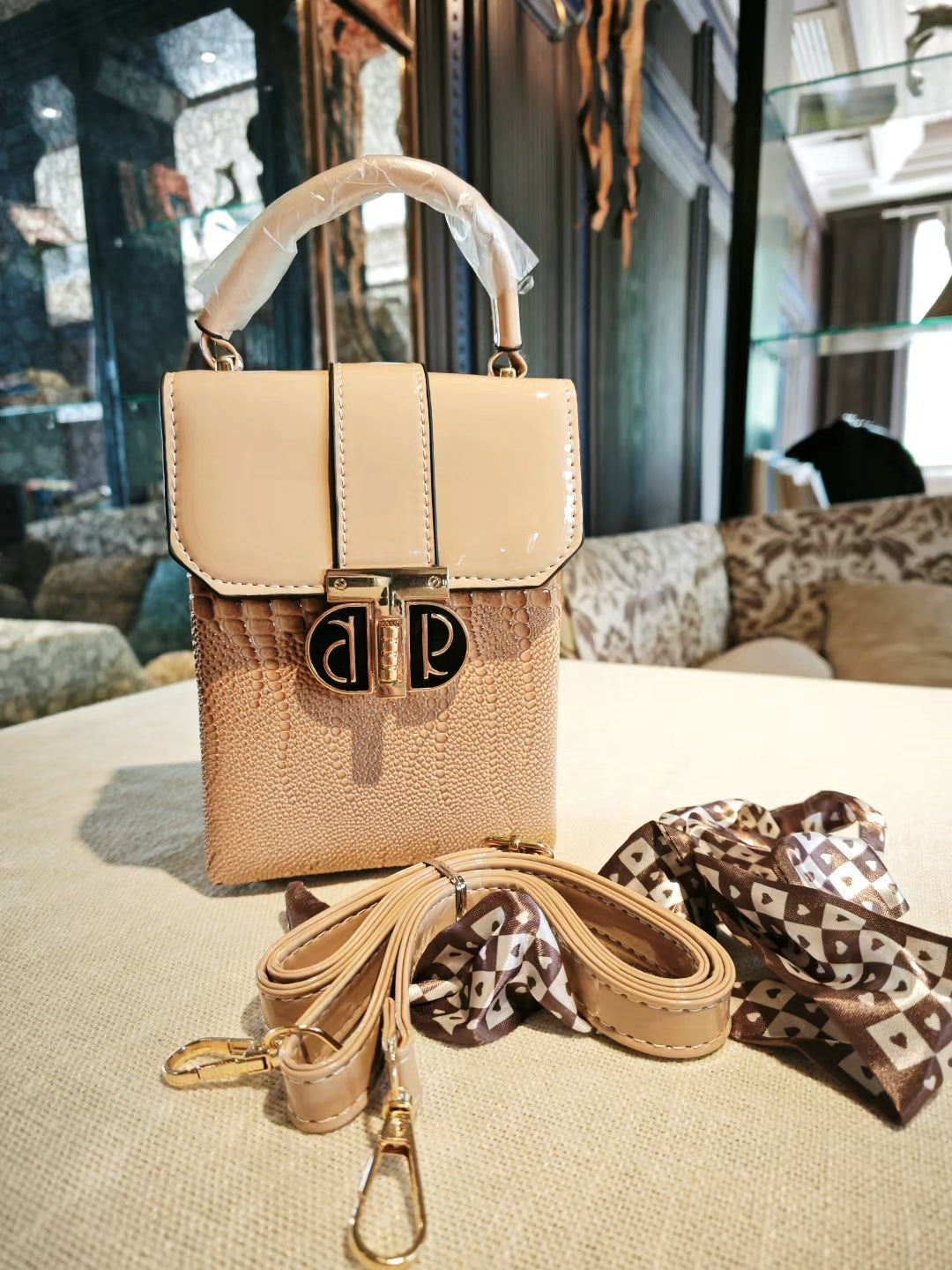 Beige Textured Structured Crossbody Bag with Decorative Lock