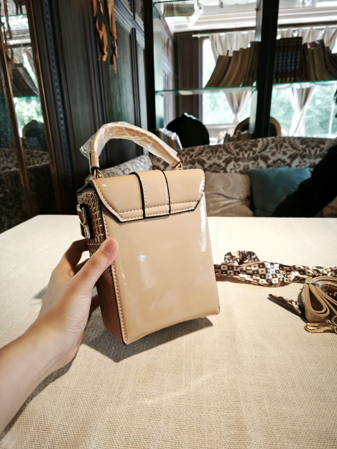 Beige Textured Structured Crossbody Bag with Decorative Lock