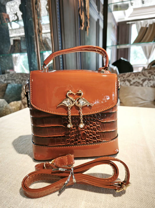 Brown Crocodile-Embossed Structured Medium Boxy Bag with Swan Charm and Detachable Strap