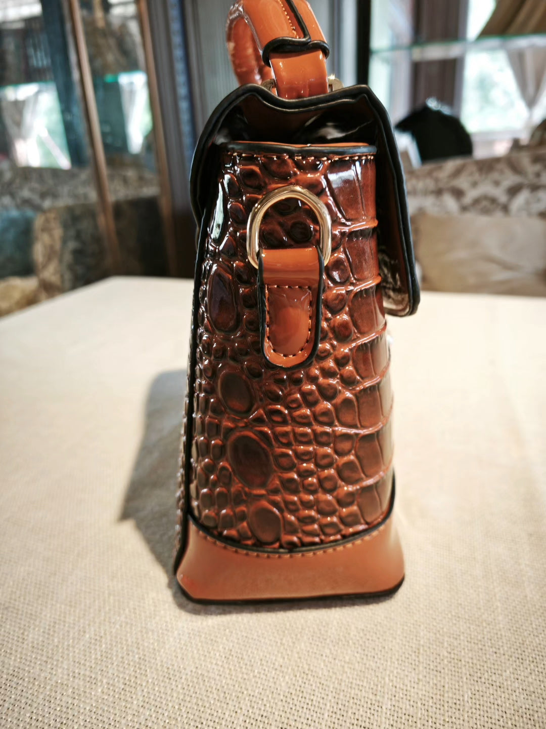 Brown Crocodile-Embossed Structured Medium Boxy Bag with Swan Charm and Detachable Strap