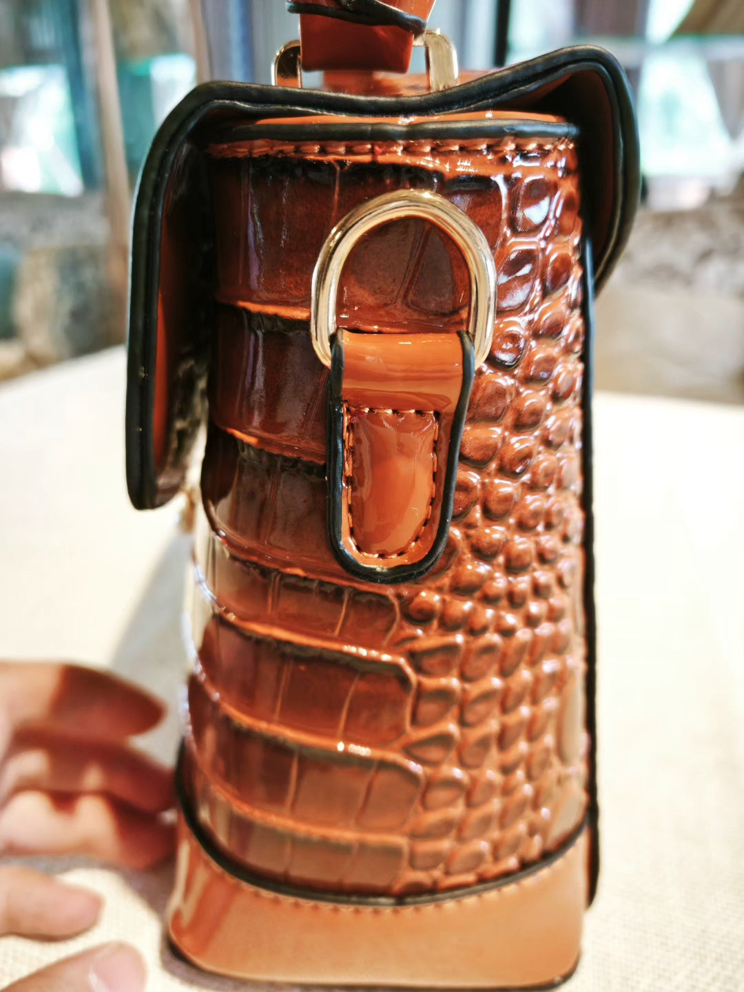 Brown Crocodile-Embossed Structured Medium Boxy Bag with Swan Charm and Detachable Strap