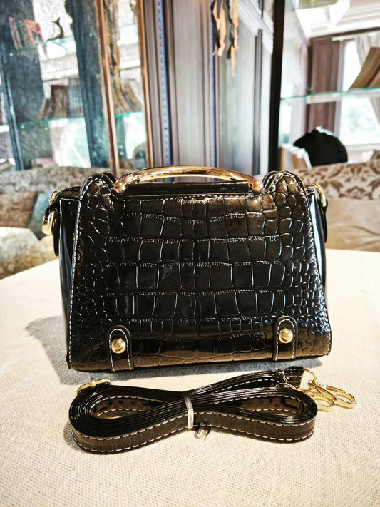 Black Crocodile-Embossed Structured Hand Bag with Golden Top Handle and Detachable Strap