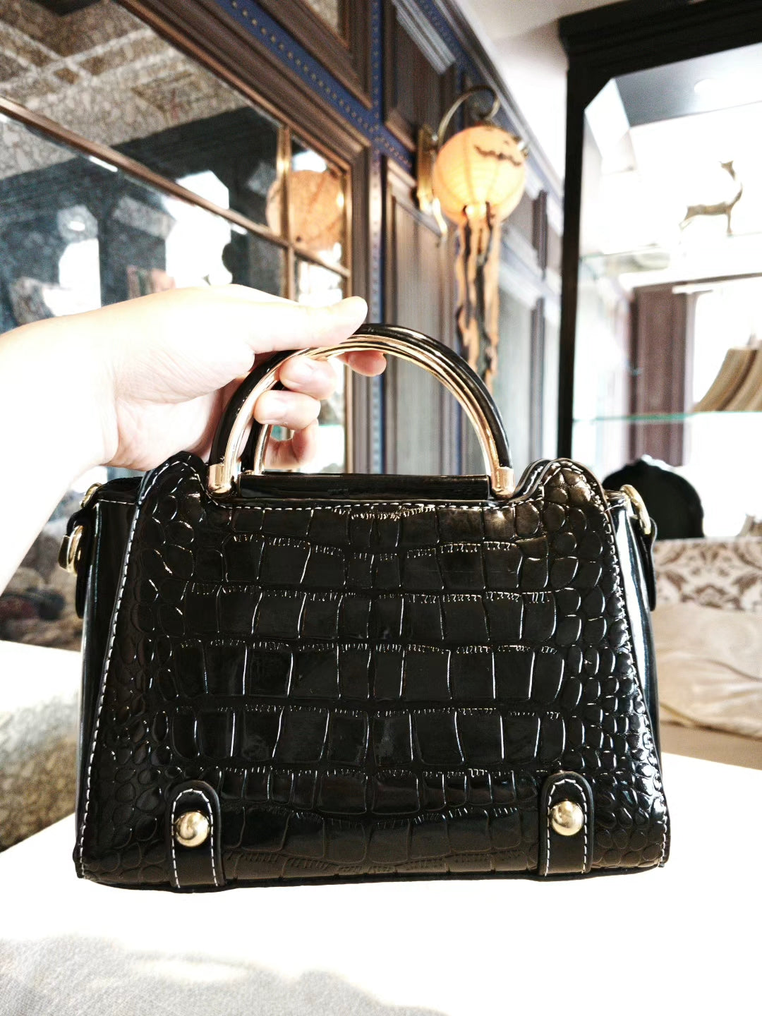 Black Crocodile-Embossed Structured Hand Bag with Golden Top Handle and Detachable Strap