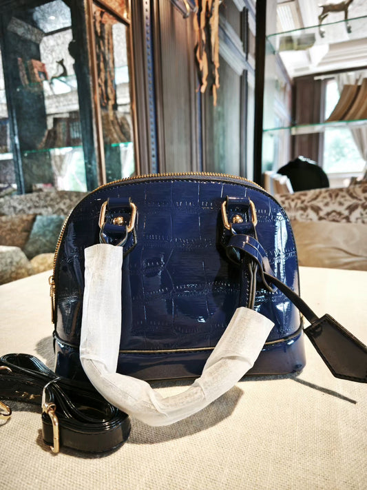 Navy Blue Crocodile-Embossed Dome Crossbody Bag with Detachable Strap