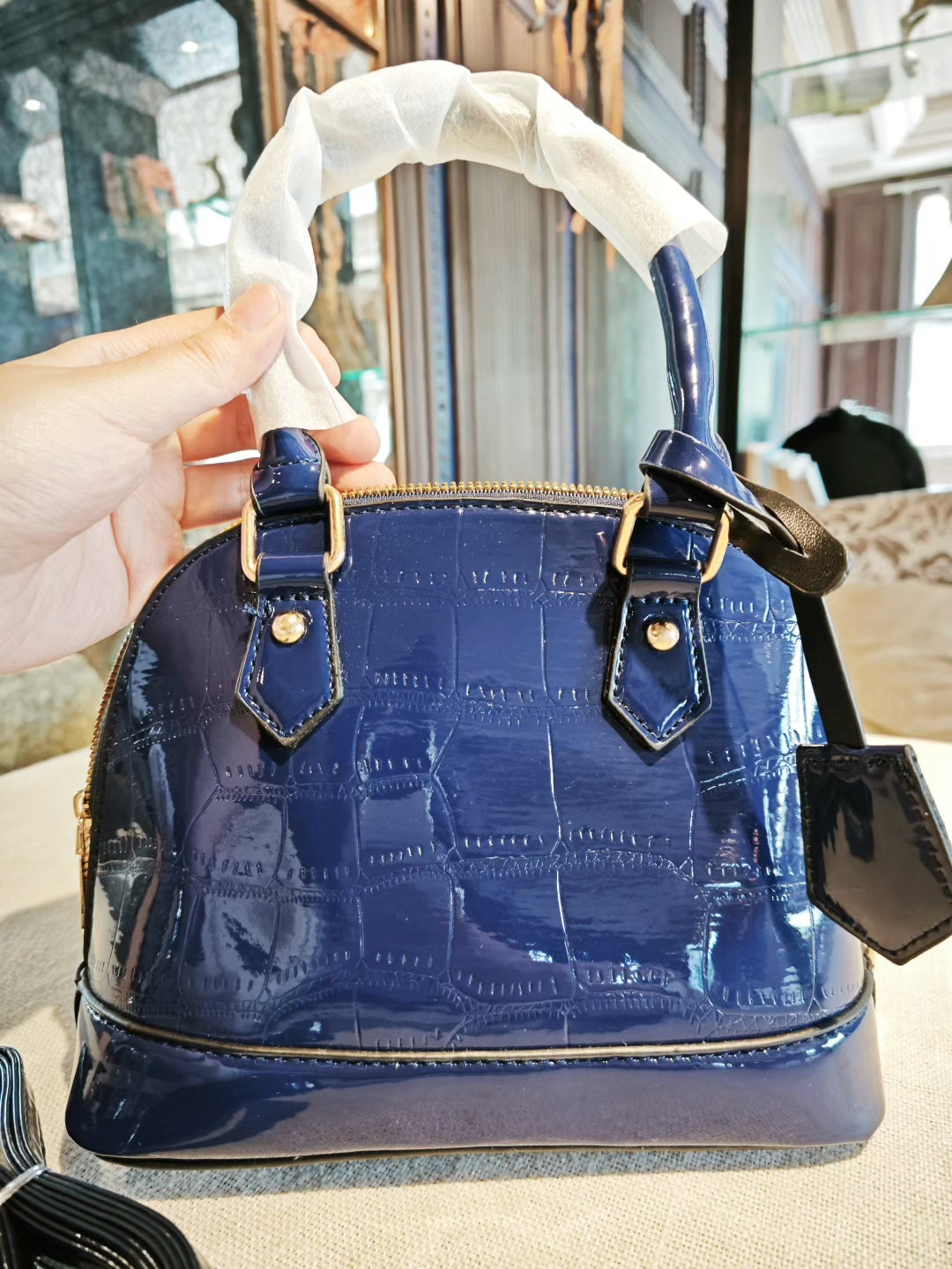 Navy Blue Crocodile-Embossed Dome Crossbody Bag with Detachable Strap