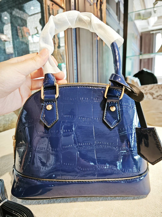Navy Blue Crocodile-Embossed Dome Crossbody Bag with Detachable Strap