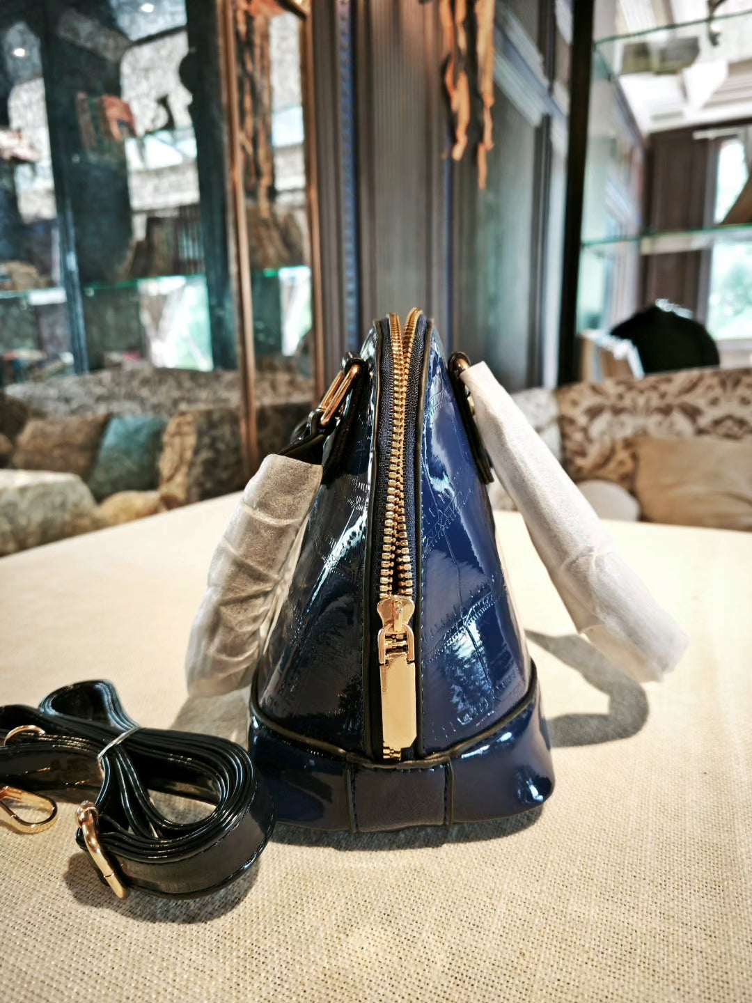Navy Blue Crocodile-Embossed Dome Crossbody Bag with Detachable Strap