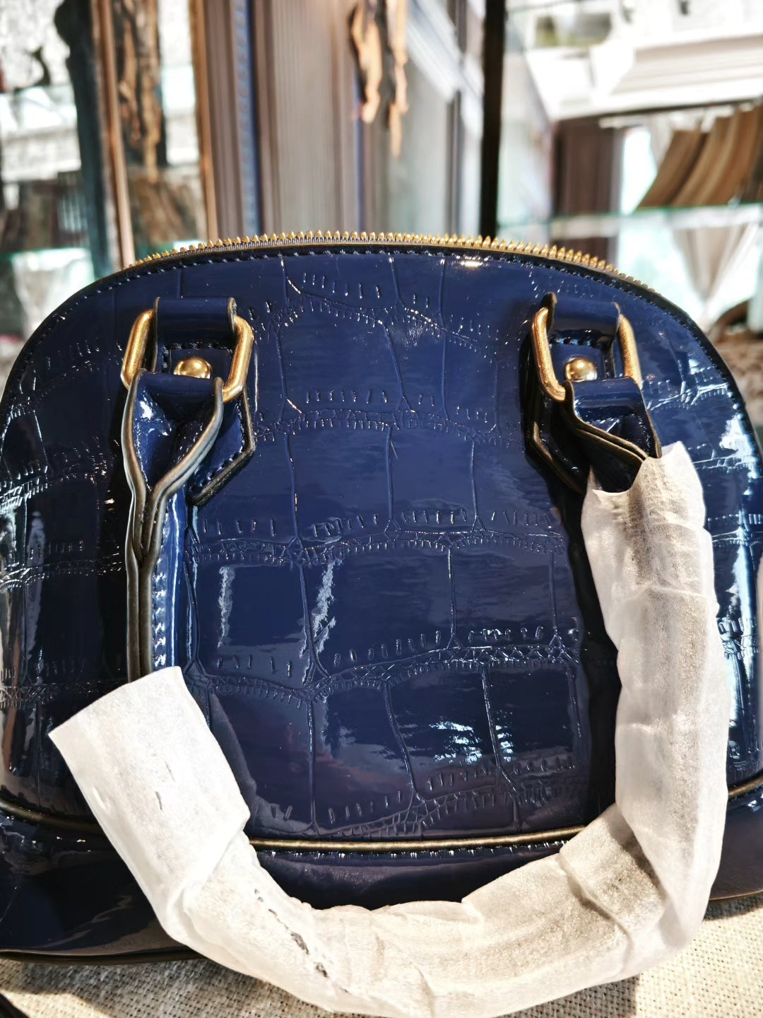 Navy Blue Crocodile-Embossed Dome Crossbody Bag with Detachable Strap