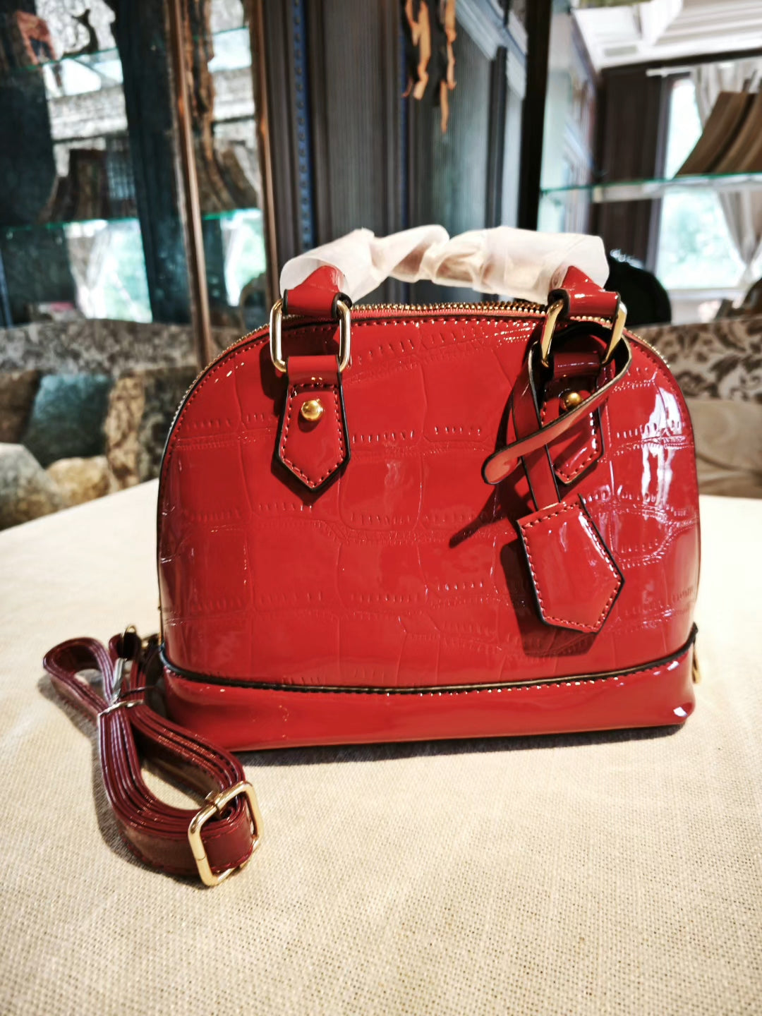 Red Crocodile-Embossed Dome Crossbody Bag with Detachable Strap