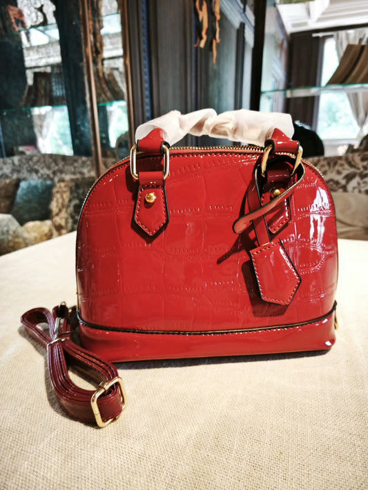 Red Crocodile-Embossed Dome Crossbody Bag with Detachable Strap