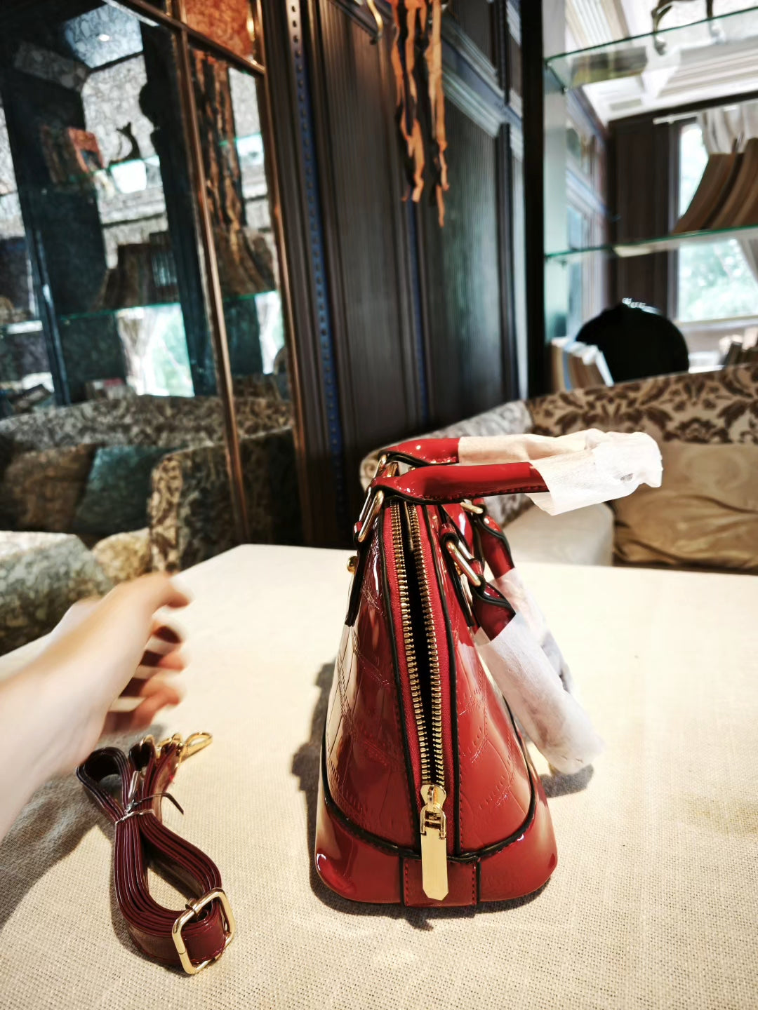 Red Crocodile-Embossed Dome Crossbody Bag with Detachable Strap