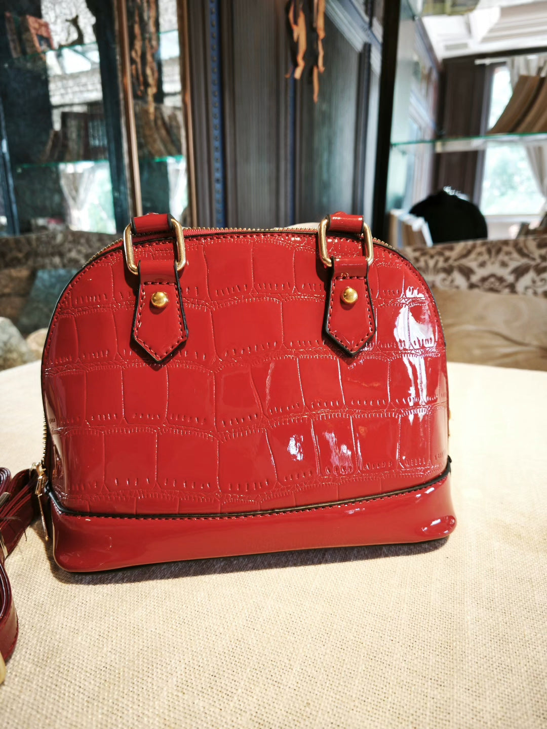 Red Crocodile-Embossed Dome Crossbody Bag with Detachable Strap