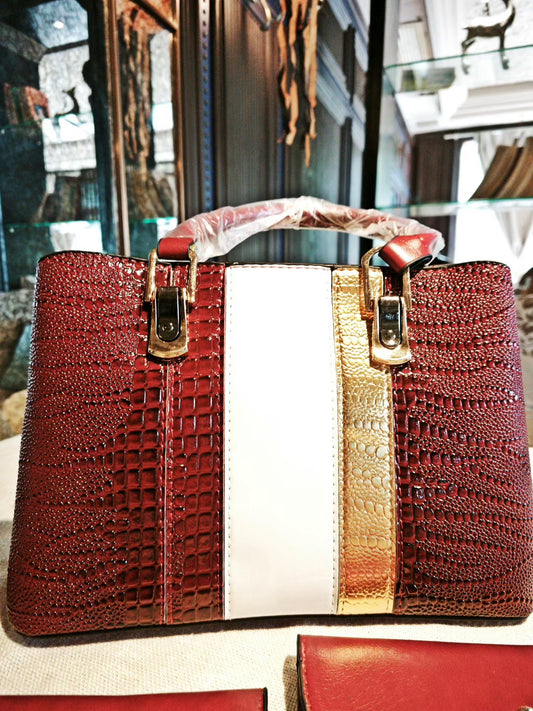 Red Crocodile-Embossed Color-Block 3-Piece Bag Set with Detachable Strap
