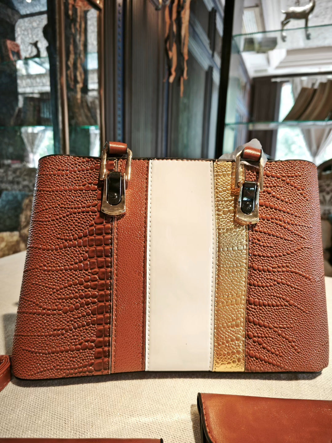 Brown Crocodile-Embossed Color-Block 3-Piece Bag Set with Detachable Strap