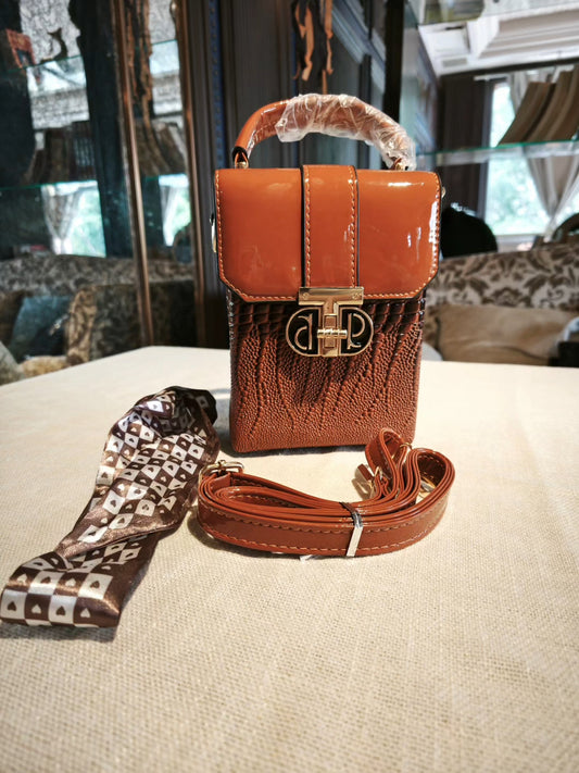 Brown Textured Structured Boxy Bag with Decorative Lock, Detachable Strap and Scarf