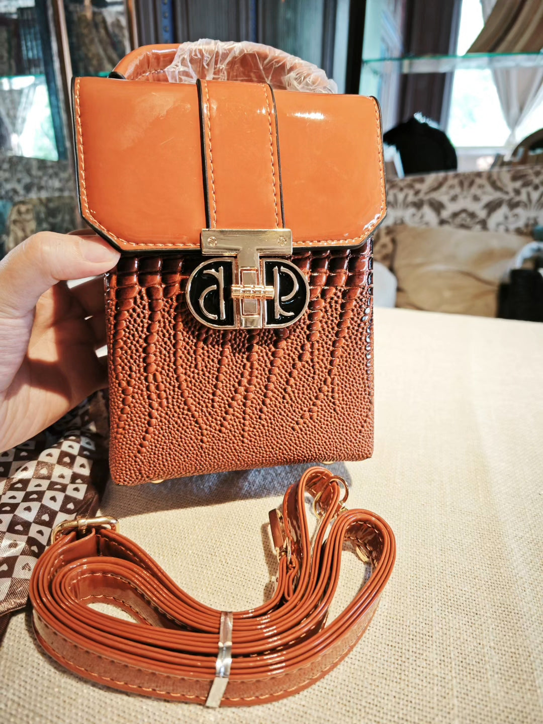 Brown Textured Structured Boxy Bag with Decorative Lock, Detachable Strap and Scarf