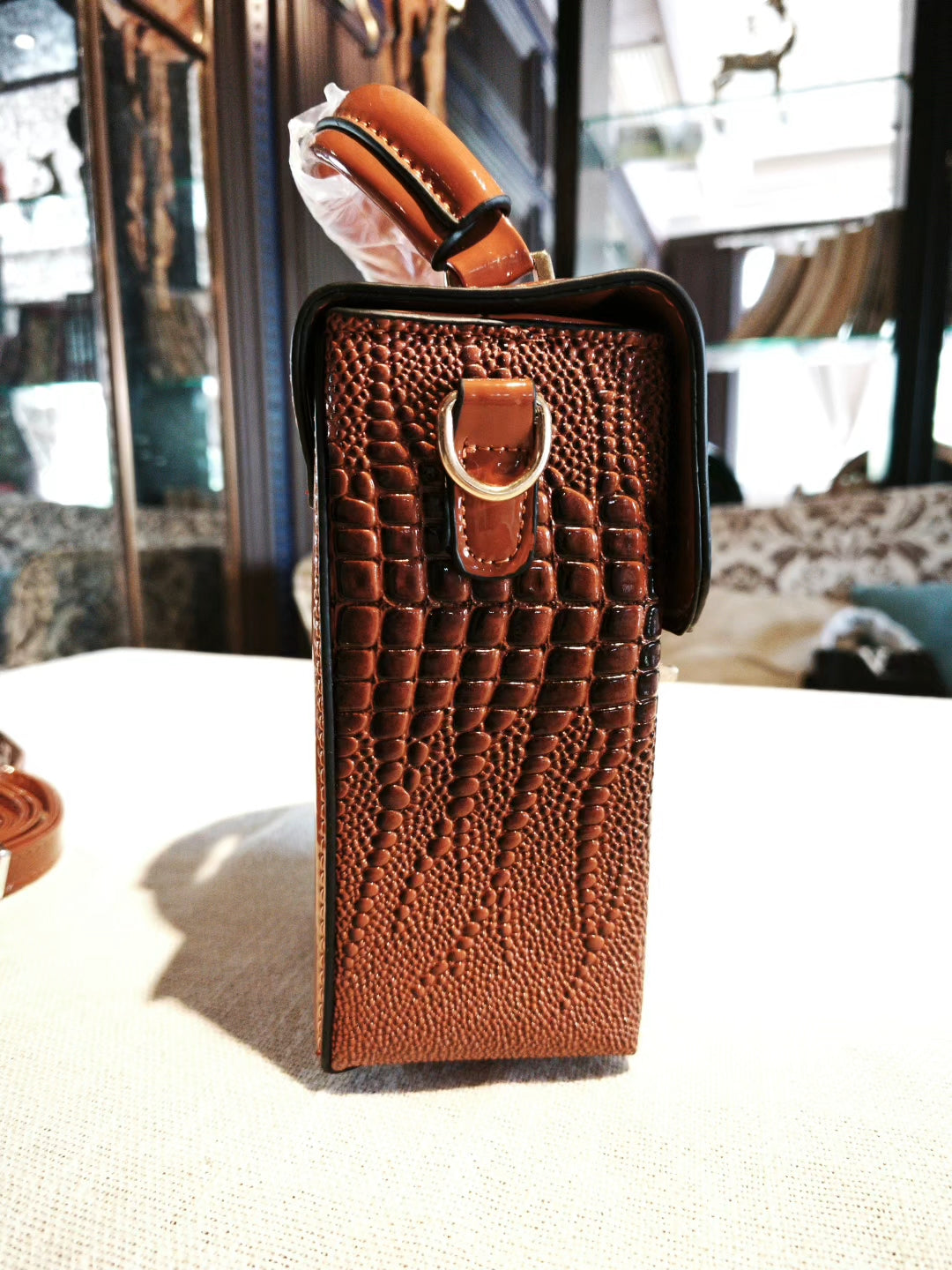 Brown Textured Structured Boxy Bag with Decorative Lock, Detachable Strap and Scarf