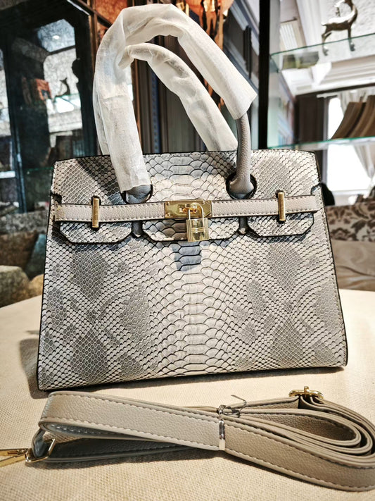 Grey Snakeskin-Embossed Birkin Style Handbag with Detachable Strap