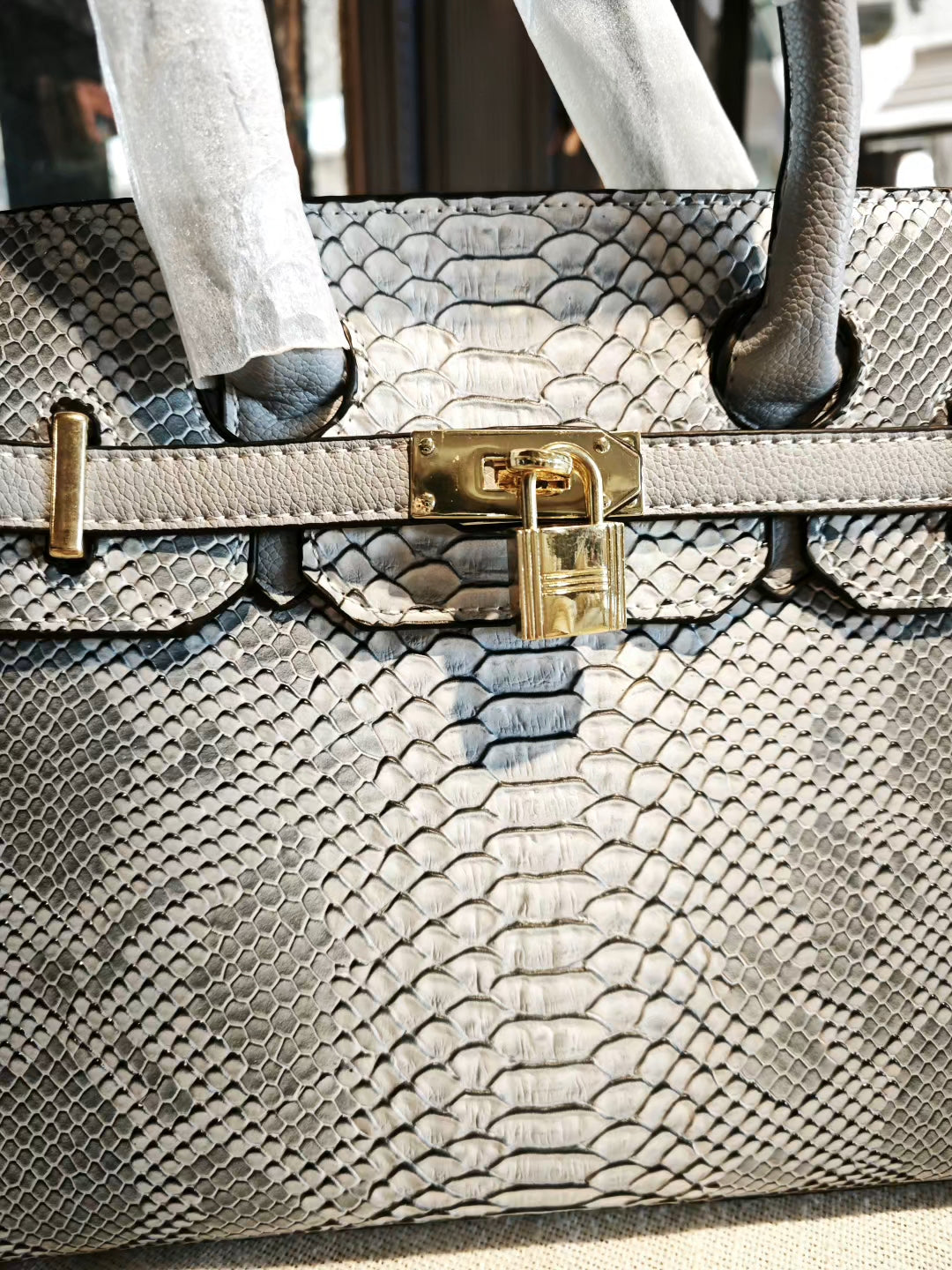 Grey Snakeskin-Embossed Birkin Style Handbag with Detachable Strap