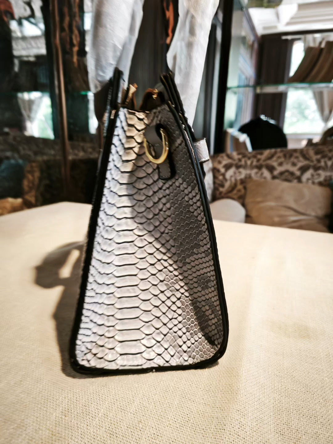 Grey Snakeskin-Embossed Birkin Style Handbag with Detachable Strap