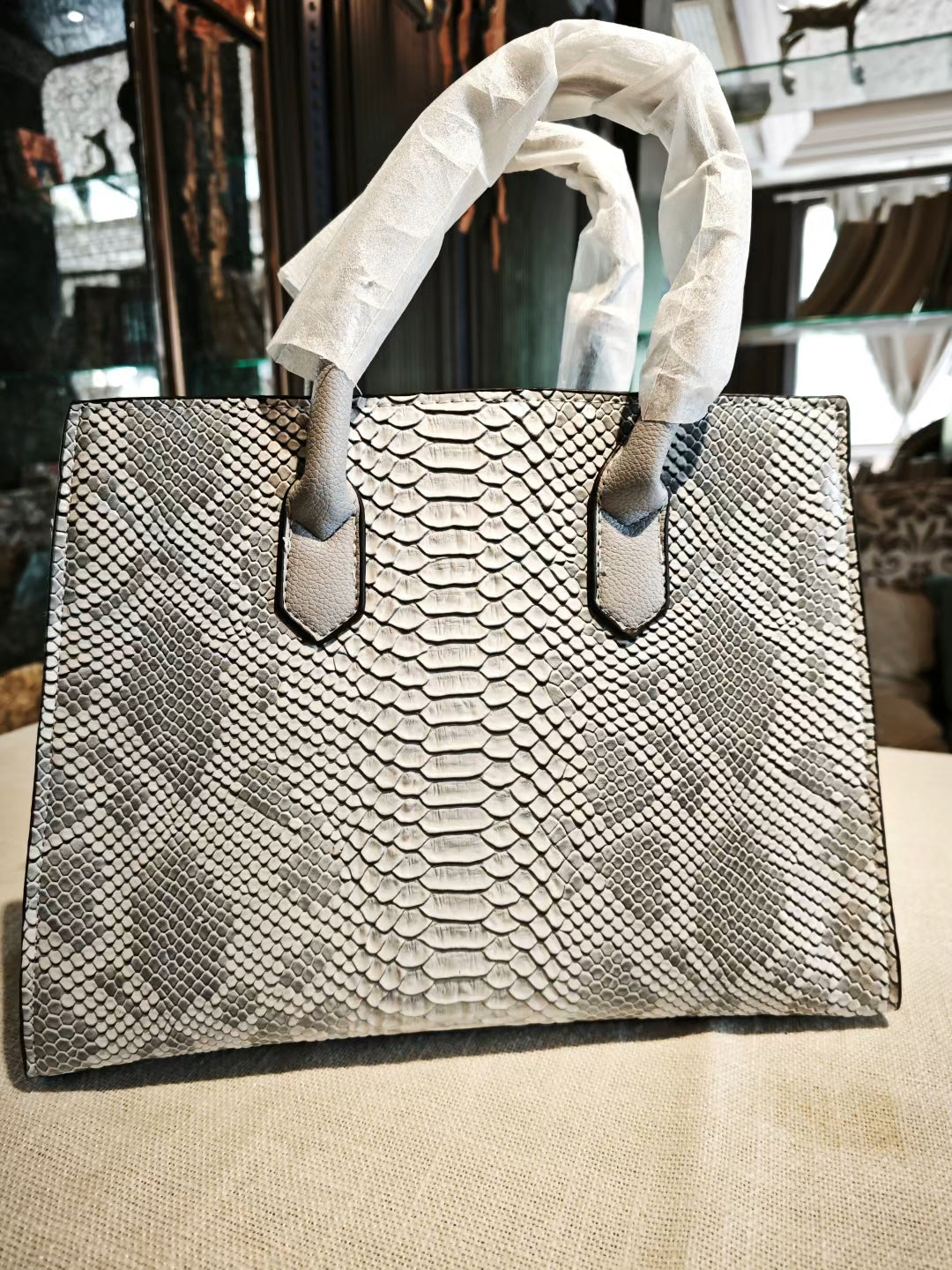 Grey Snakeskin-Embossed Birkin Style Handbag with Detachable Strap