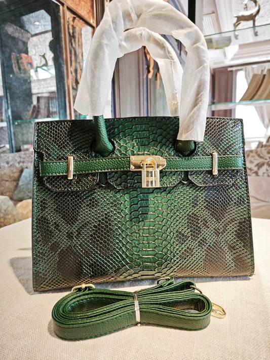 Green Snakeskin-Embossed Birkin Style Handbag with Detachable Strap