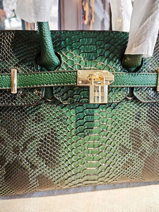 Green Snakeskin-Embossed Birkin Style Handbag with Detachable Strap