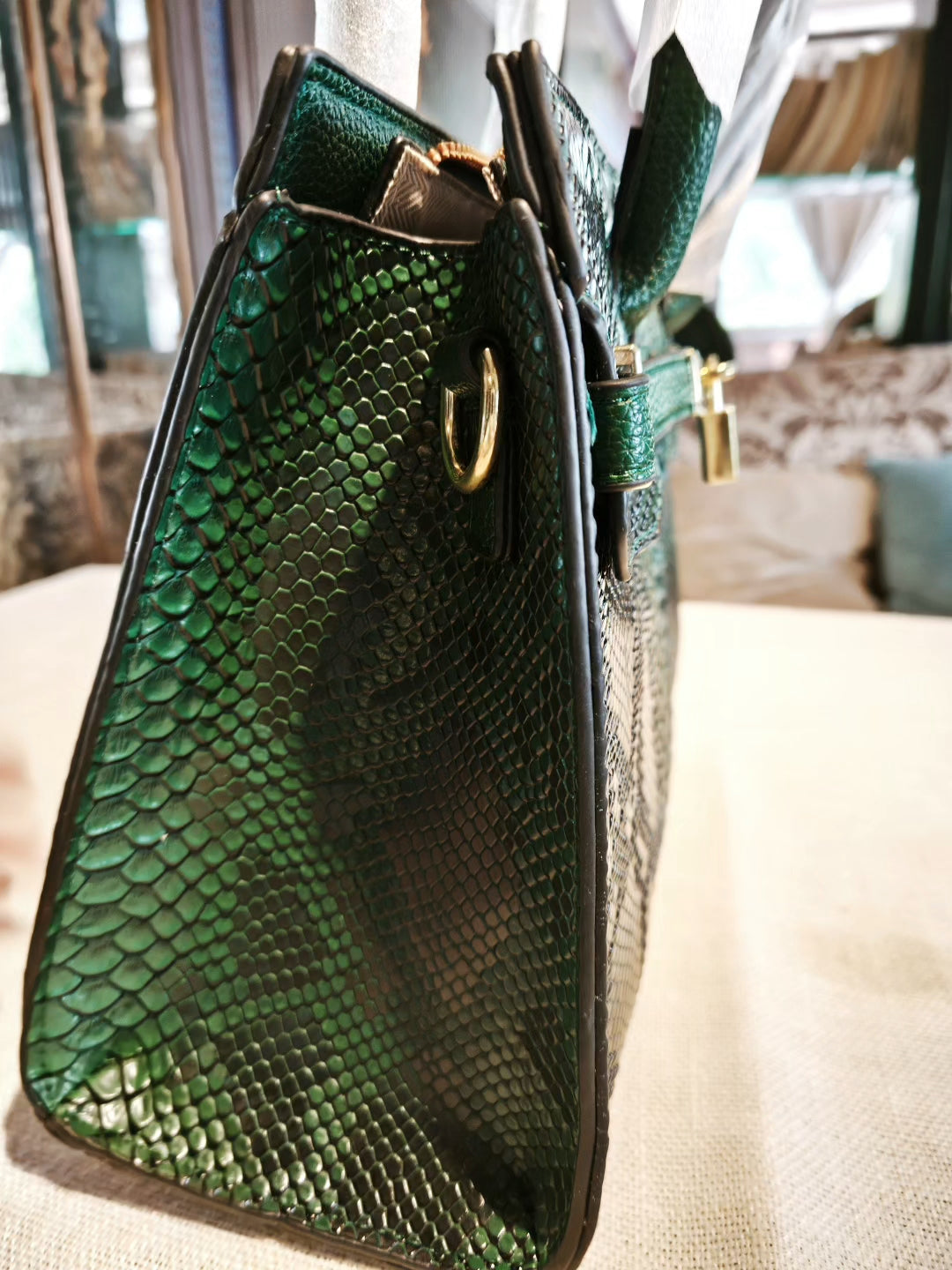 Green Snakeskin-Embossed Birkin Style Handbag with Detachable Strap