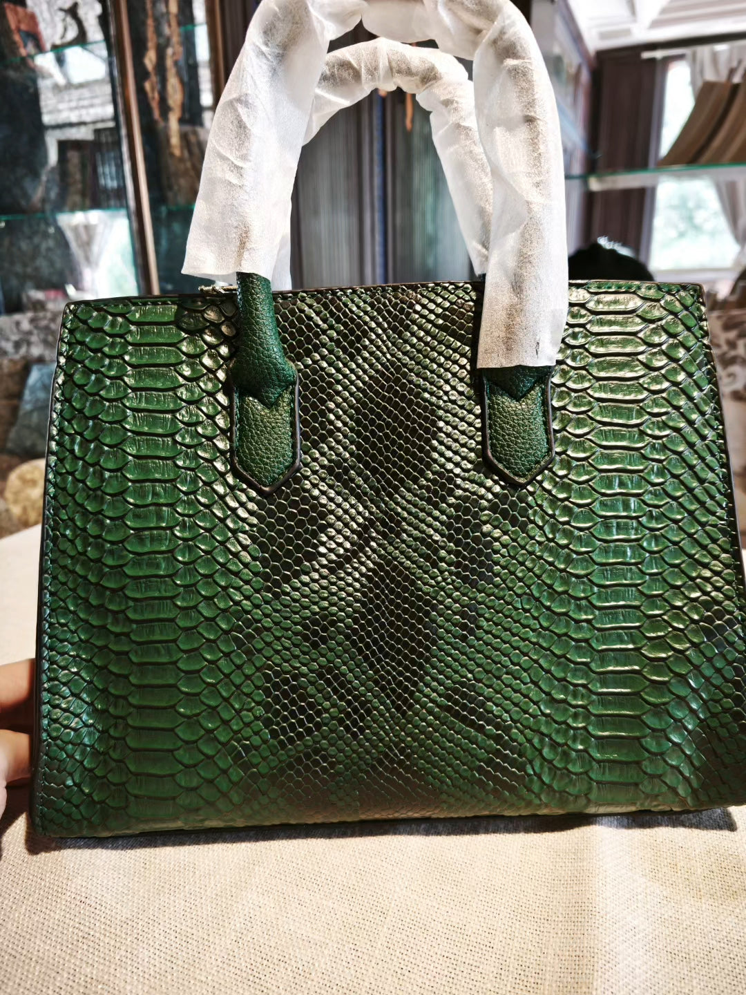 Green Snakeskin-Embossed Birkin Style Handbag with Detachable Strap
