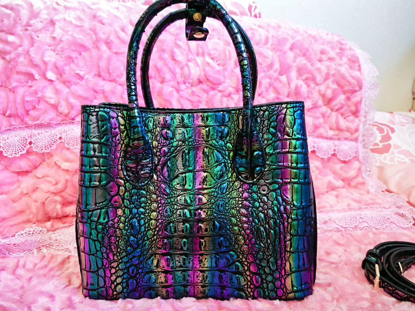 Iridescent Croc-Embossed Tote Bag