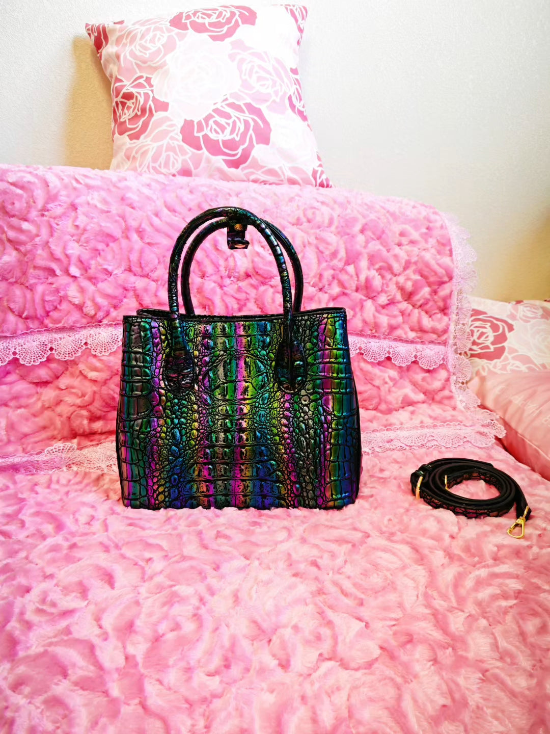 Iridescent Croc-Embossed Tote Bag