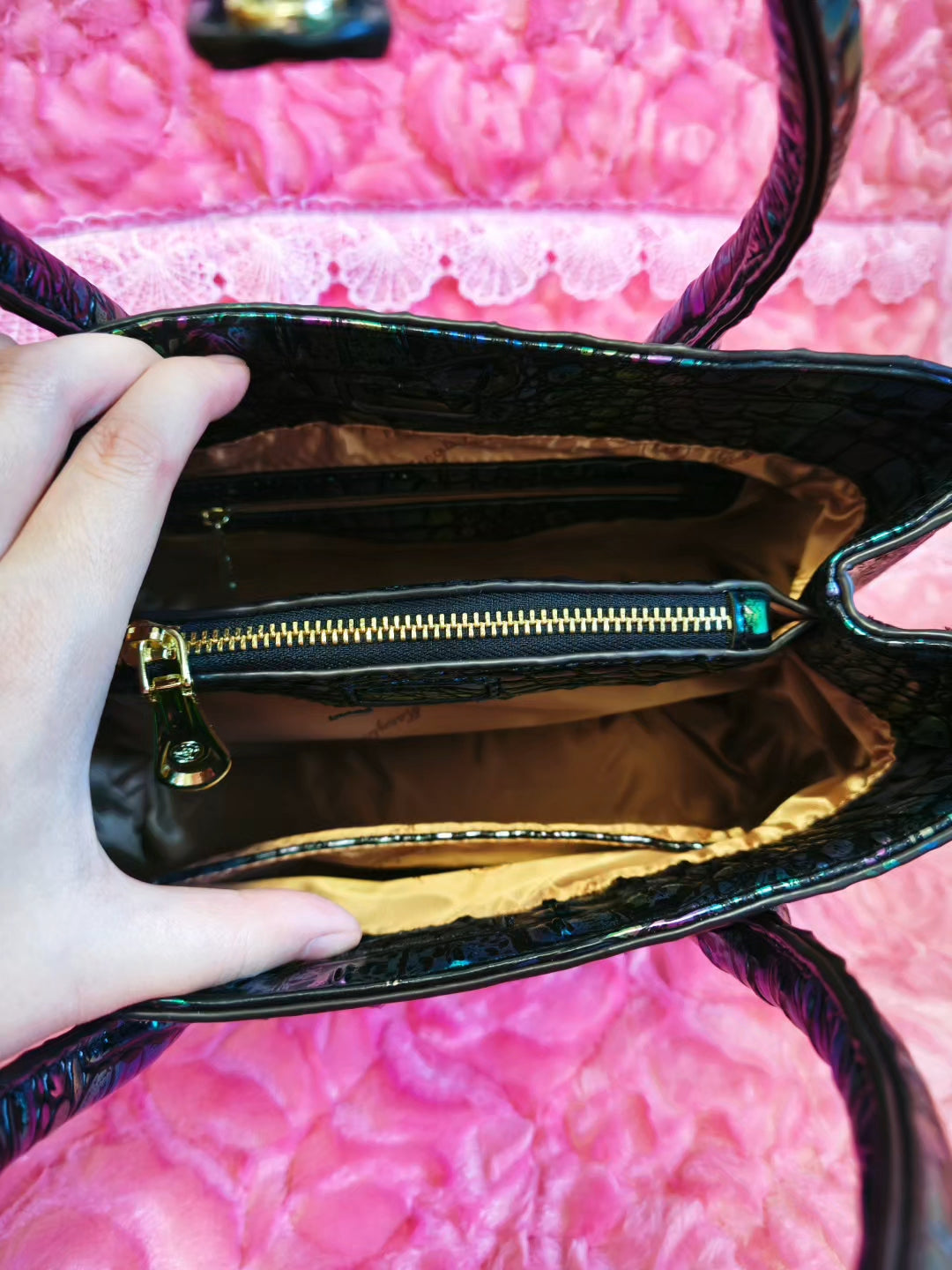 Iridescent Croc-Embossed Tote Bag