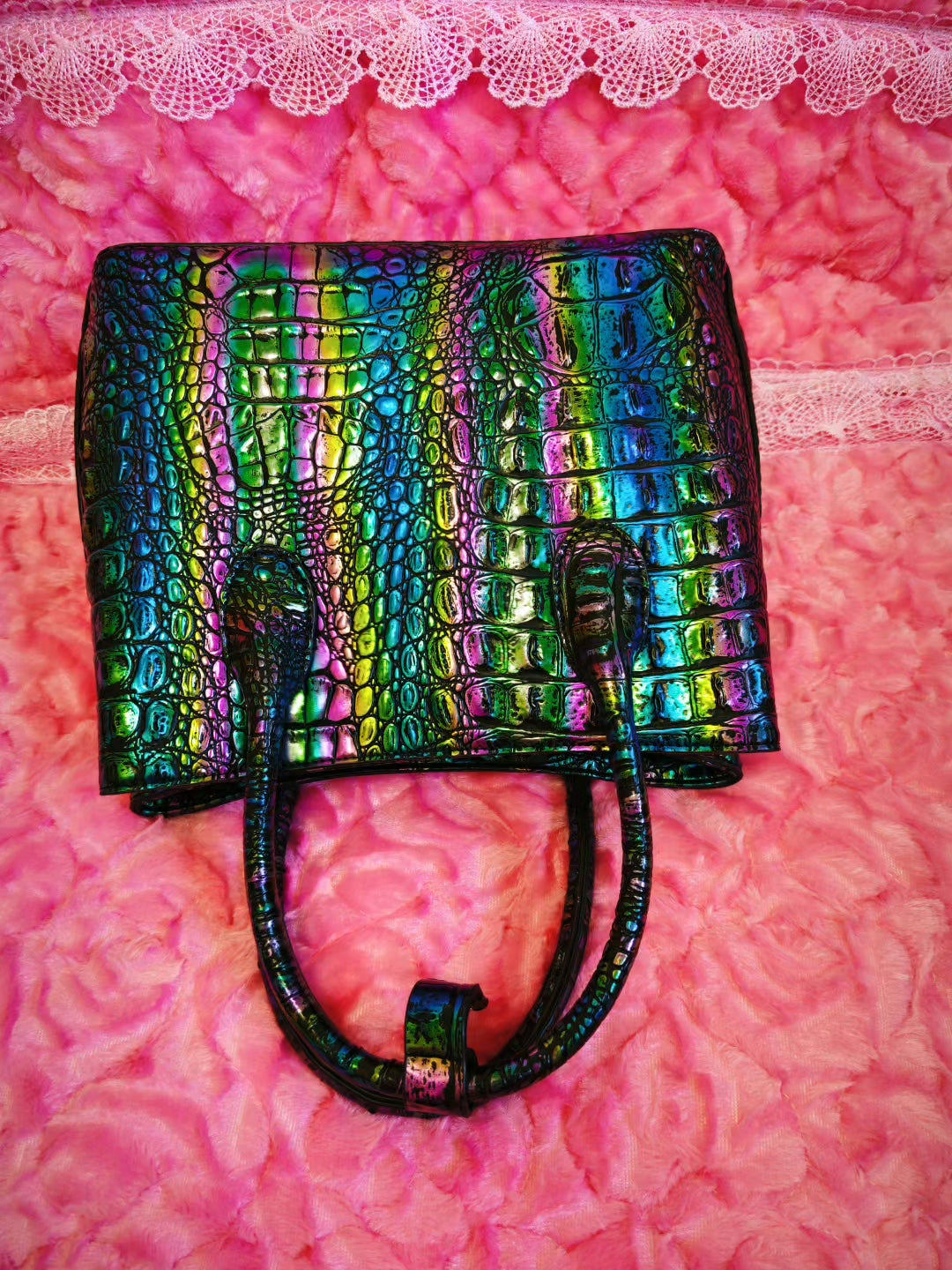 Iridescent Croc-Embossed Tote Bag