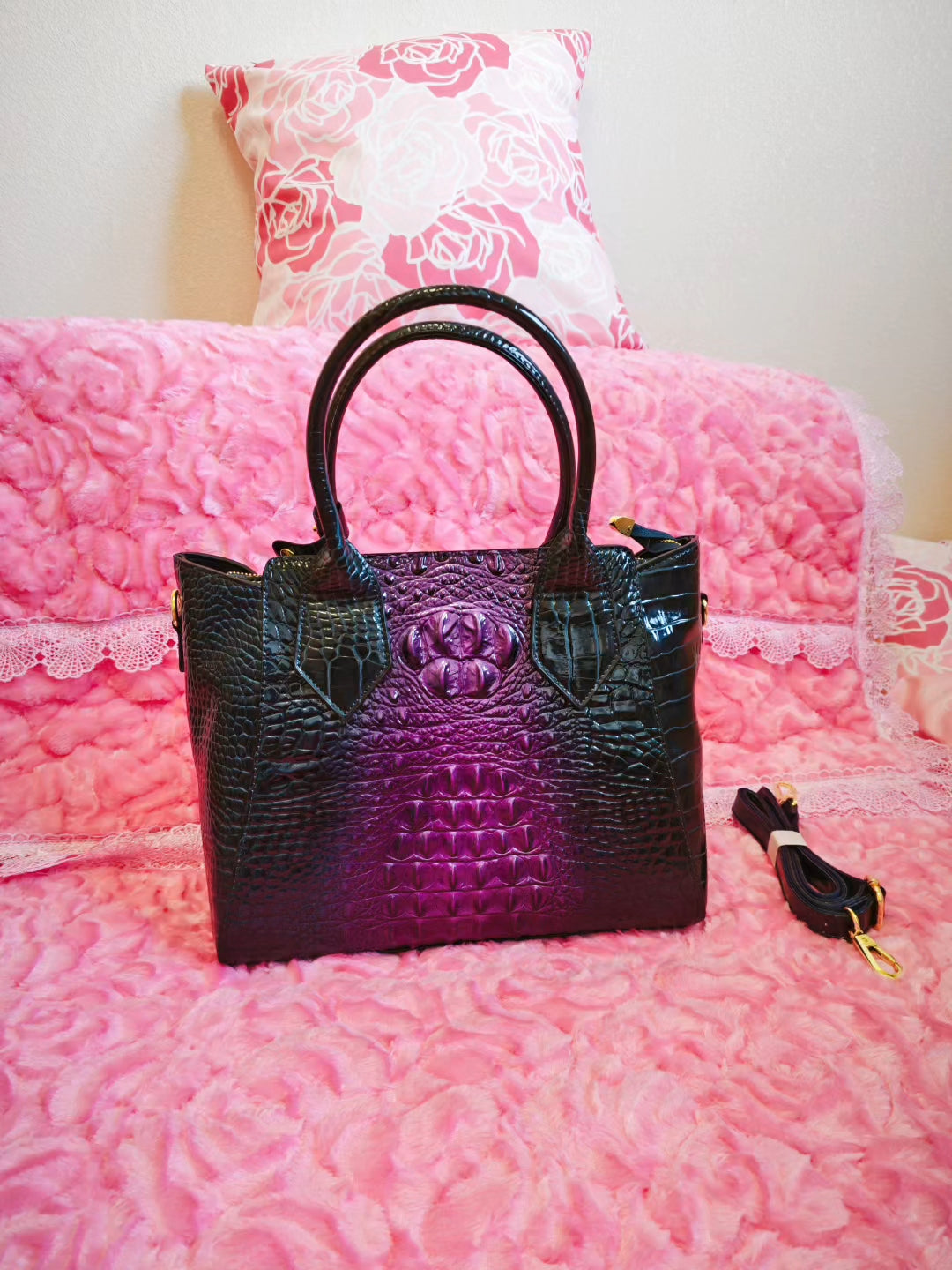 Royal Purple Gradient Crocodile-Texture Tote Bag