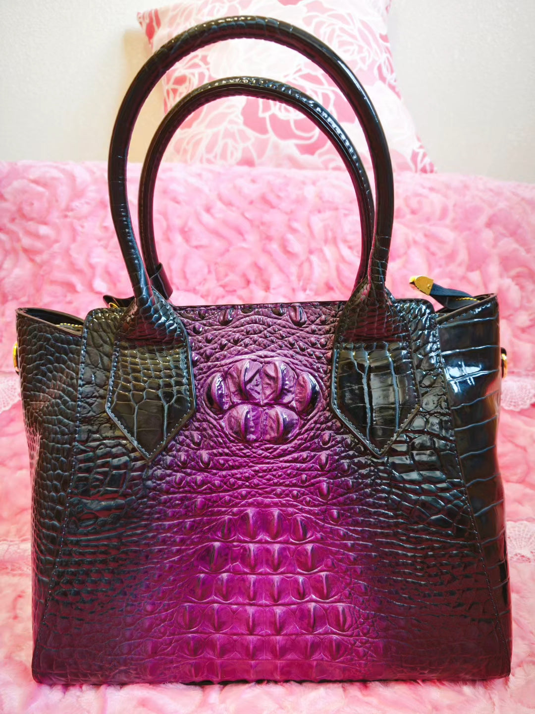 Royal Purple Gradient Crocodile-Texture Tote Bag