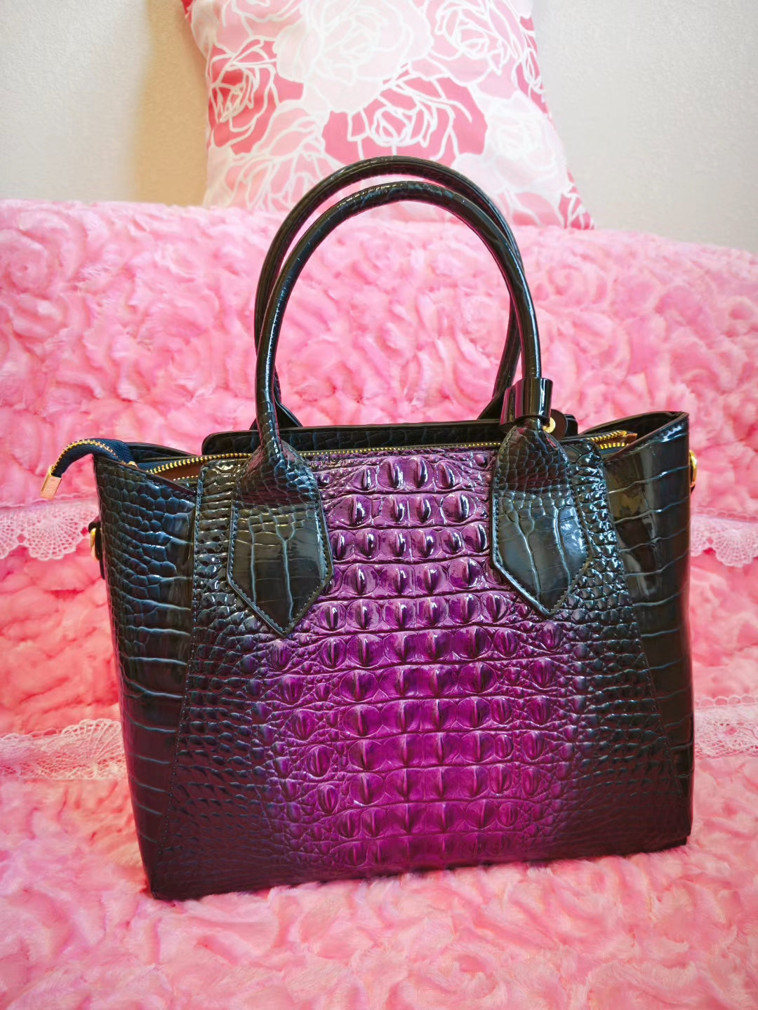 Royal Purple Gradient Crocodile-Texture Tote Bag