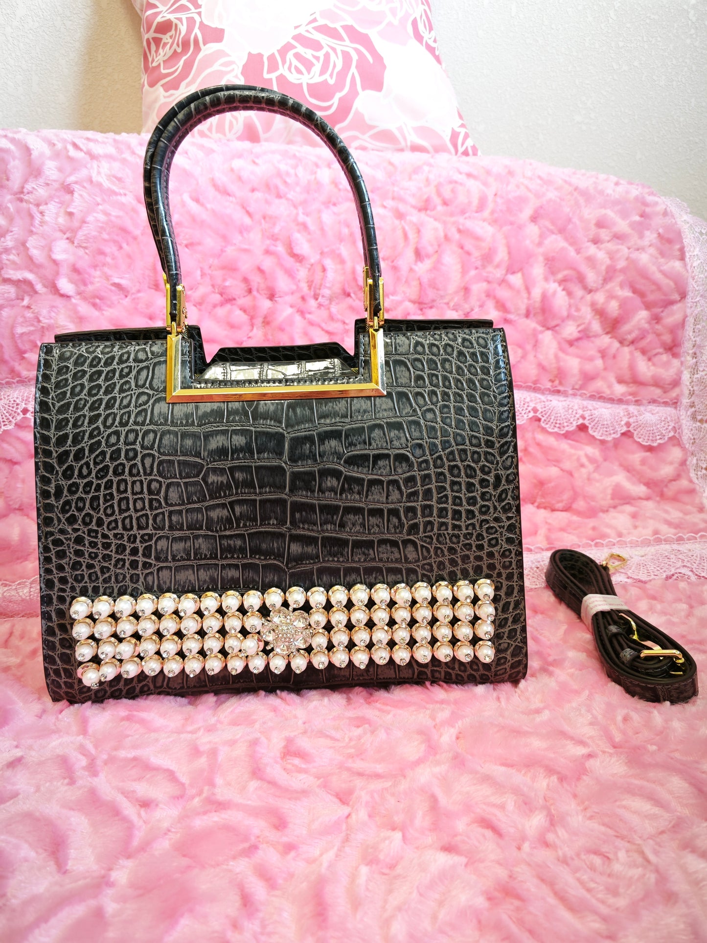 Black Croc Gilded Pearl-Crystal Bag