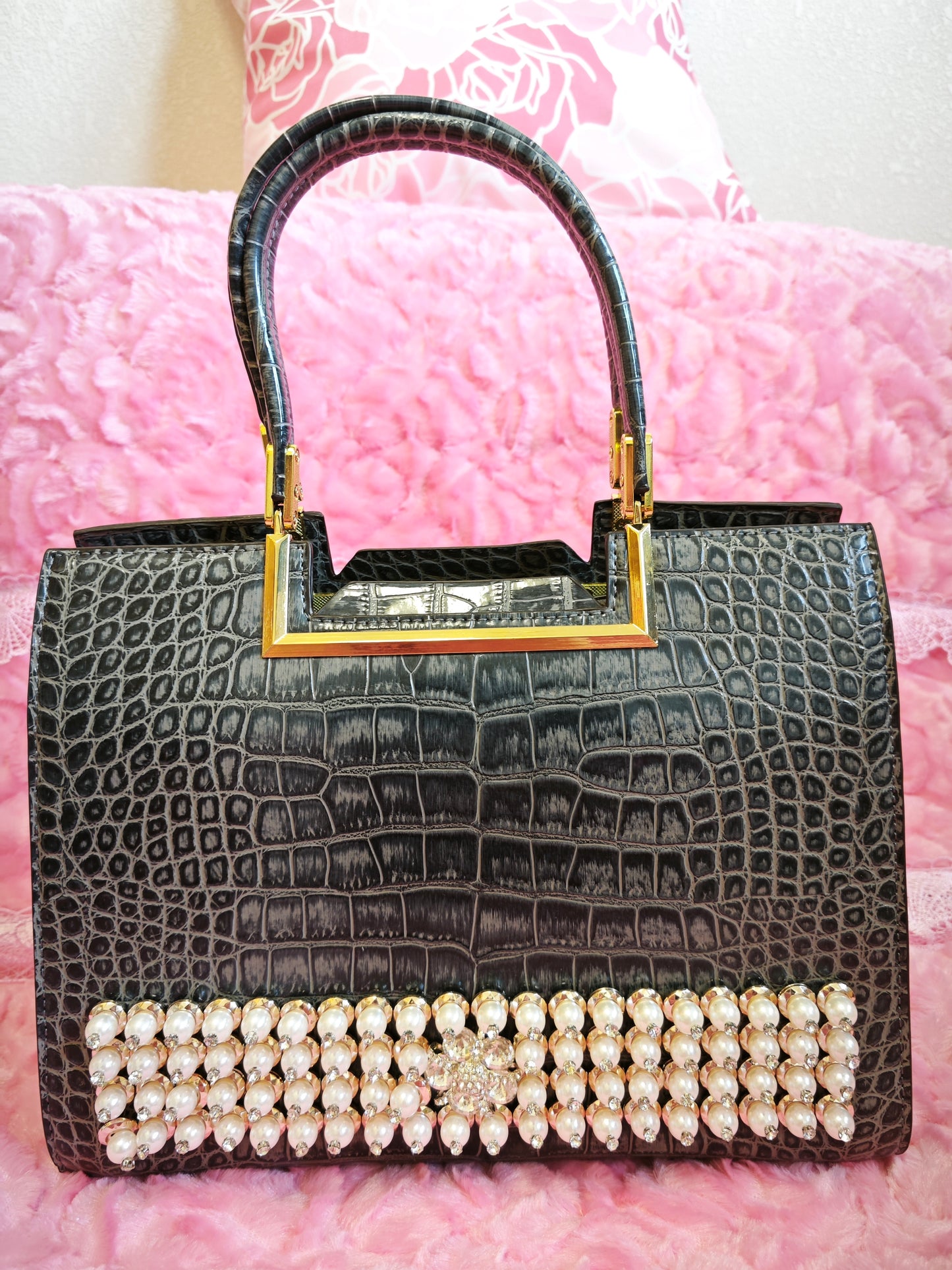 Black Croc Gilded Pearl-Crystal Bag