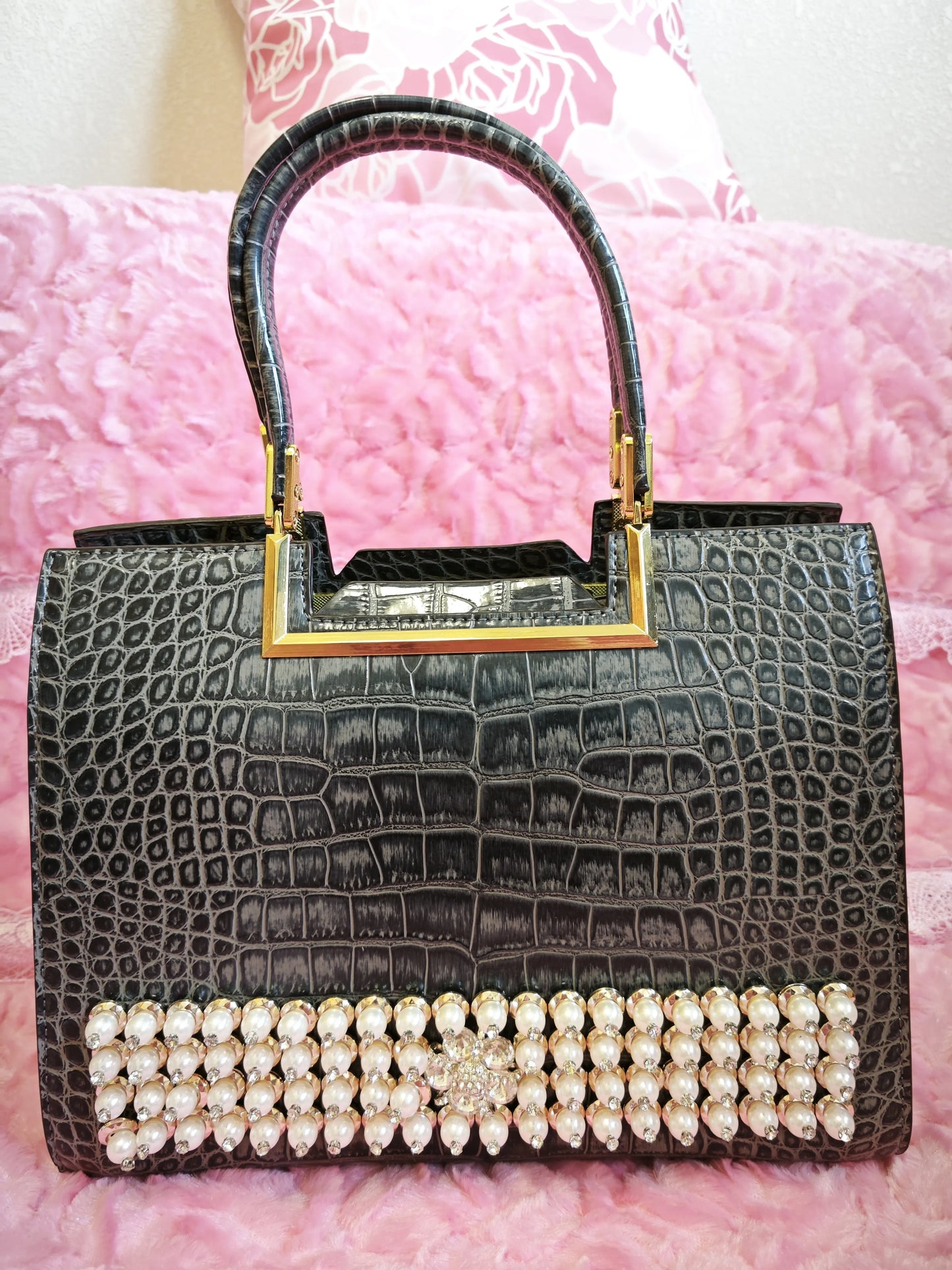 Ink-Grey Croc Gilded Pearl-Crystal Bag (M07)