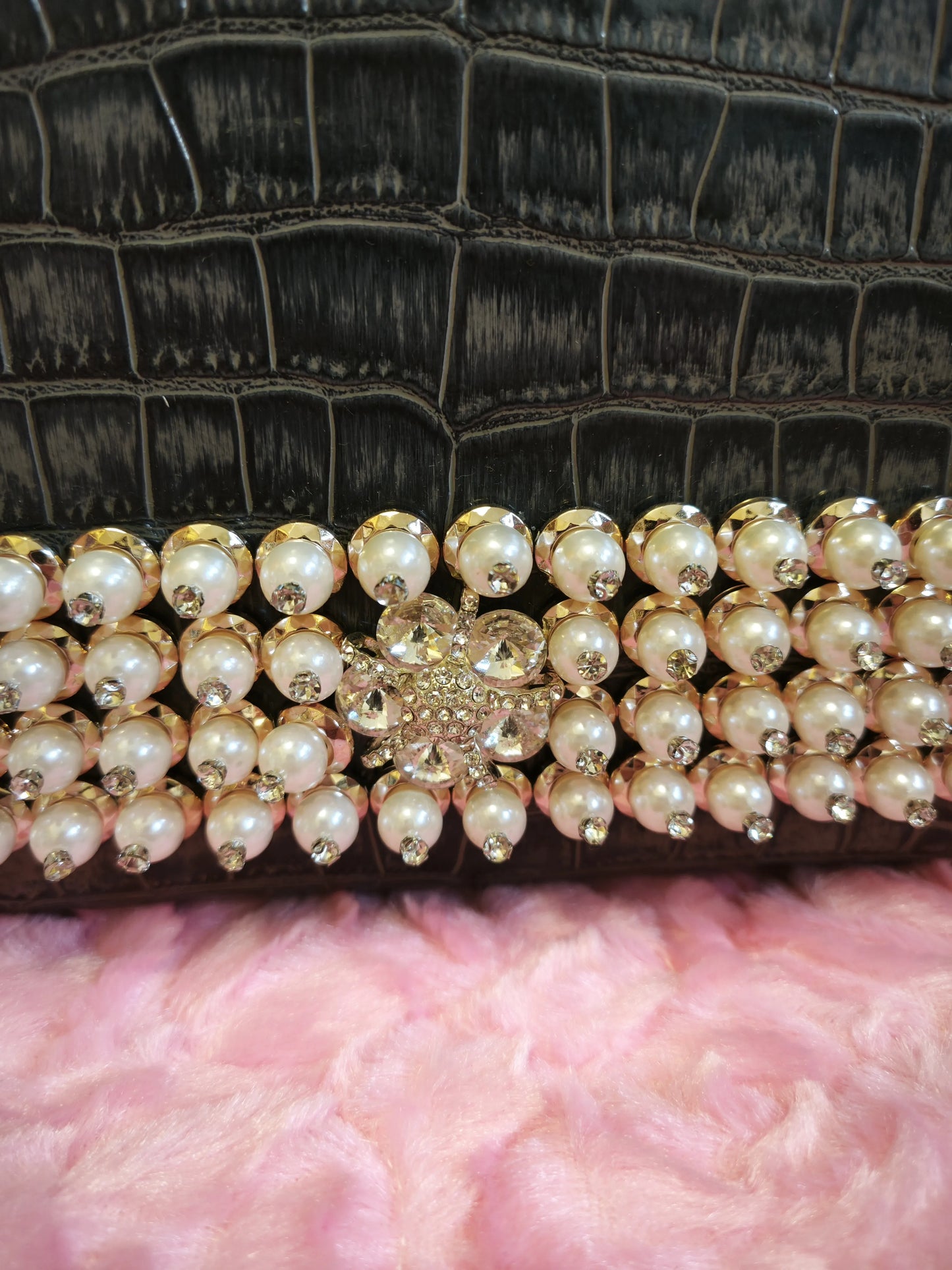 Ink-Grey Croc Gilded Pearl-Crystal Bag (M07)